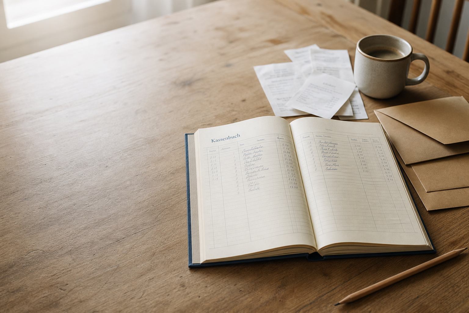 Offenes Haushaltsbuch mit Quittungen, Umschlägen und Bleistift auf einem Holztisch