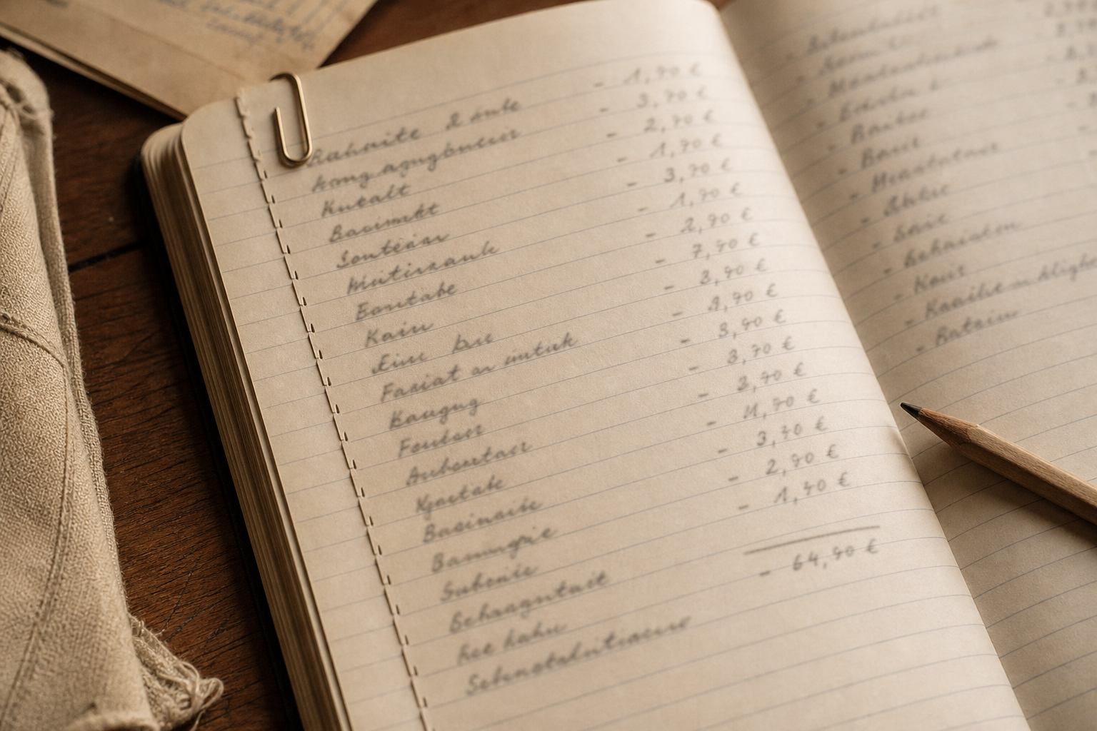 Aufgeschlagenes Notizbuch mit handschriftlichen Ausgabenzeilen und Bleistift